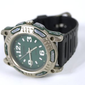 Vintage BUGLE BOY Unisex Quartz Wrist Watch w/ Black Silicone Wrist Band - Green Dial Glow-In-The-Dark Features - In Working Condition
