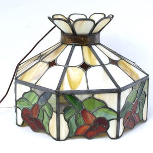 Beautiful Vintage Large Stained Glass Hanging Ceiling Pendant Light with Trumpet Flower Design - Well Made and Heavy with Thick Lead Came
