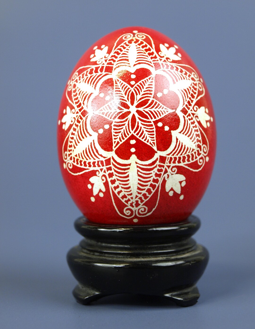 Vintage Ukrainian Pysanka Red & White Easter Egg With Wood Stand - Hand ...