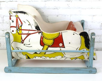Vintage Rich Toys Swinging Glider Horse Toy on Wood Frame - Rare Rocking Bouncing Horse / Pony Ride - 28" L x 18" W