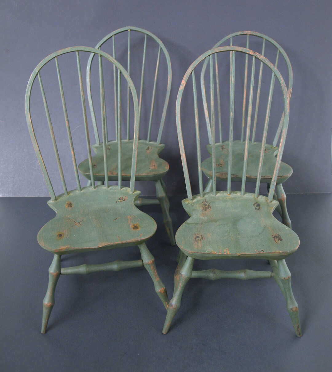 Antique Set of 4 Wooden Doll Chairs Blue Painted Bow Back Etsy