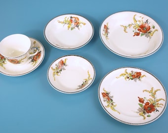 Antique Goldenrod Poppy by Sebring Pottery, 6 Piece Set: Soup Bowl, Cereal Bowl, Fruit Bowl, Salad Plate, Cup & Saucer | Gold Decorated