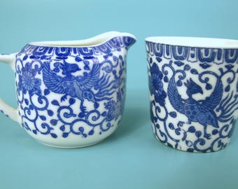 Vintage Japanese Phoenix Bird Blue & White Porcelain Creamer and Custard Cup Set