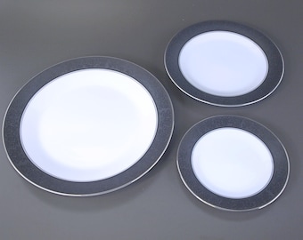 Juego de vajilla vintage Noritake Mirano China n.º 6878: juego de 3 platos para la cena, para pan o ensalada y para postre con banda blanca y negra.