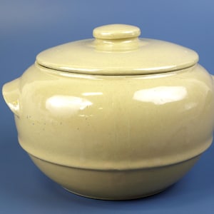May include: A light yellow ceramic casserole dish with a lid. The dish has a round shape with two small handles on the sides. The lid has a small knob on top. The dish is on a blue background.