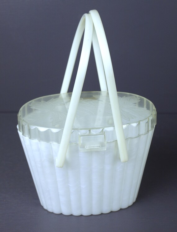 Vintage Plastic Basket Purse w/ Clear Rose Engrav… - image 1