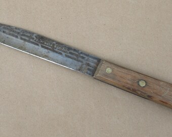 Vintage Frontier Forge 7" Butcher Knife, Circa 1970's - Partial Tang w/ Wooden Handle & Brass Rivets - Good+ Condition