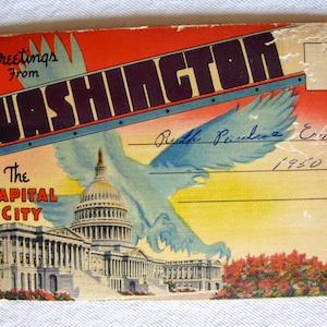 Vintage Salutations de Washington La capitale Cartes postales pliantes Souvenir avec emblème de l'Aigle volant