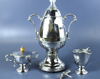 Vintage Continental Silver Co. Art Deco Chromium Percolator w/ Creamer & Lidded Sugar Bowl c. 1930's for PARTS or REPAIR