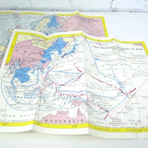 Vintage Post WWII Era Map European Theatre 1939 - 1945, Far Eastern Theatre 1941 - 1945 C.S. Hammond & Co. Maps circa 1946 Lot of 2 Pristine