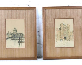 Vintage Marjorie C Bates Framed Prints Set of 2, Mid Century London St Pauls & Venice Canal Architectural Sketches, 10x8 Wood Mat Home Decor