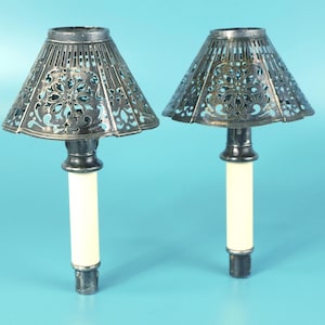 Antique Gorham Silver Co Victorian Spring Loaded Silver Plated Candlestick Holders w Pierced Lamp Shades circa 1902