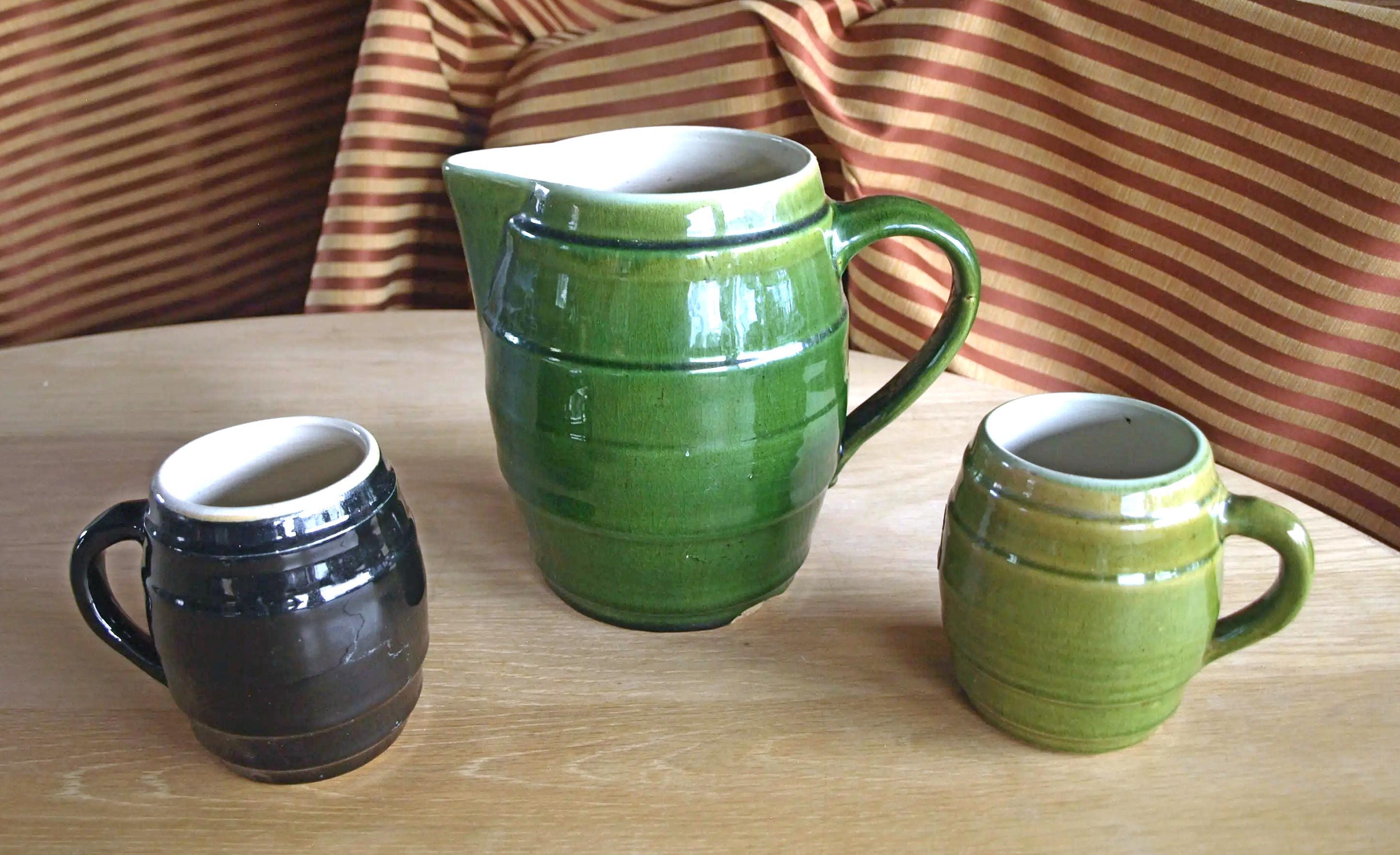 Bone Inlay Rice Pitcher Primitive Antique / Vintage Barrel Shaped Primitive Stoneware Pitcher and Mugs ...