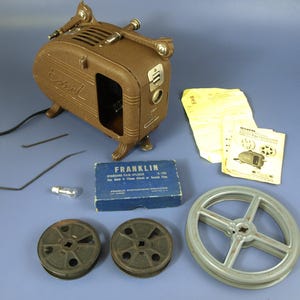 Vintage Excel Model P46 16mm Movie Projector w/ Franklin Film Slicer, Reels & Manual - Works but Needs New Spring Drive Belts - Art Deco Era