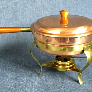 Vintage Taurus Portugal Copper Chafing Dish Food Warmer with Brass Finish Stand and Burner / Heater and Tin Lining - Professional Quality