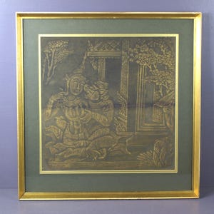 Vintage Bangkok Thailand Wat Phra Chetuphon Thai Temple of the Reclining Budda Gold Charcoal Rubbing scene from Ramayana Epic Tale - Framed