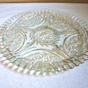 Vintage Large Clear Pressed Glass Serving Platter Tray Plate with 6 sections and Star Pattern and Sawtooth Edge – 12” diameter
