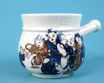 Vintage Japanese Blue & White Porcelain Soup Pot, Hand-Painted Karako Children Playing Tug of War, Single Handle Small Broth Bowl