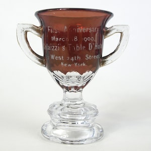 1909 Colaizzi's NYC Restaurant Ruby Flash Glass Loving Cup Antique Pre Prohibition Table D'Hote Souvenir Commemorative Toothpick Holder