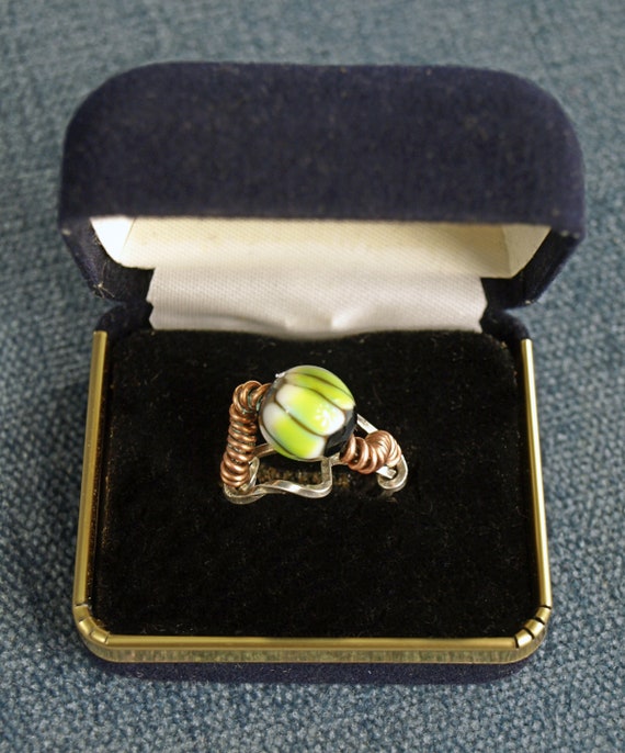 Vintage Art Glass & Sterling Silver Ring - Flamew… - image 2