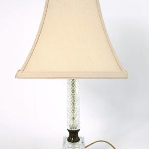 Vintage Mid Century Cut Glass & Brass Table Lamp with Shade - Diamond Cut Pattern with Brass Bordered Base and Accent - In Working Condition