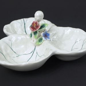 Vintage Divided Ceramic Candy or Nut Dish, Hand Painted in Italy - Cabbage Leaves & Floral Decor - Spring Table Decor - Dining and Serving