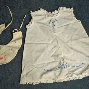 Vintage Hand Embroidered Large Doll Dress and Bib - Dress Measures 15&quot; tall x 8&quot; across at shoulders and 15&quot; across at bottom
