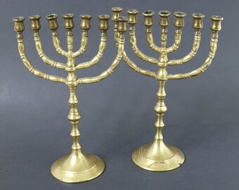 Vintage Pair of Brass Menorah Candlesticks, 9.25" High - Solid Brass, 7 Branch Design - 2 Menorahs Included