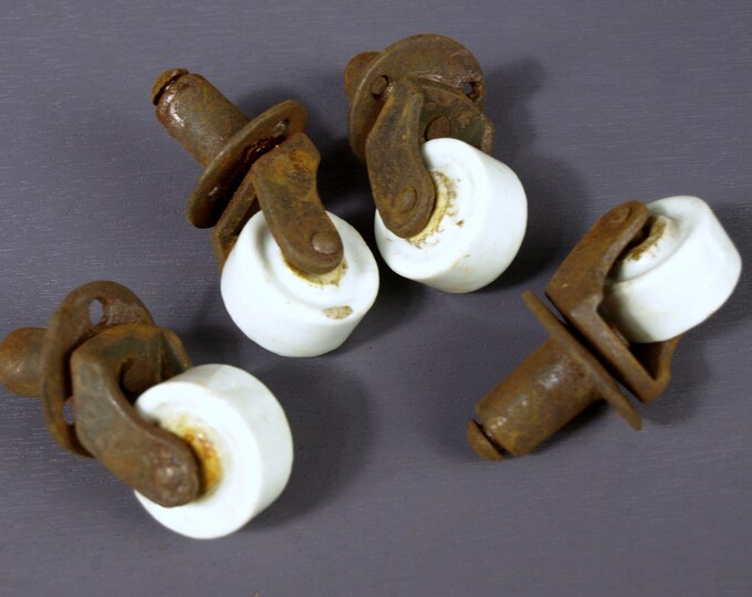 Antique Set of 4 Porcelain Caster Wheels W/ Iron Shafts in Good