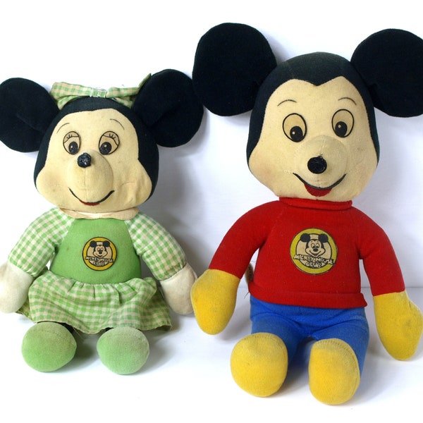 Vintage 1970's Knickerbocker Walt Disney Mickey Mouse Club Mickey & Minnie Mouse Stuffed Doll Set