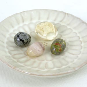 Vintage Genuine Stone Egg Collection & Display Dish + Resin Pocket Angel - Carved / Polished Snowflake Obsidian, Rose Quartz, Unakite Jasper