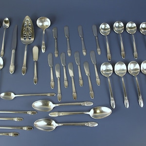 40 Piece Silverware Set - First Love 1847 Rogers Bros / International Silver Plate c 1937 w/ Spoons Knives Gravy Pie Server & Teaspoons