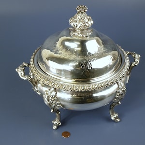 Antique George III Neo Classical Heavy Silver Plated Claw Footed Tureen with Fruit Finial and Floral Design - Georgous Covered Dish c 19th C