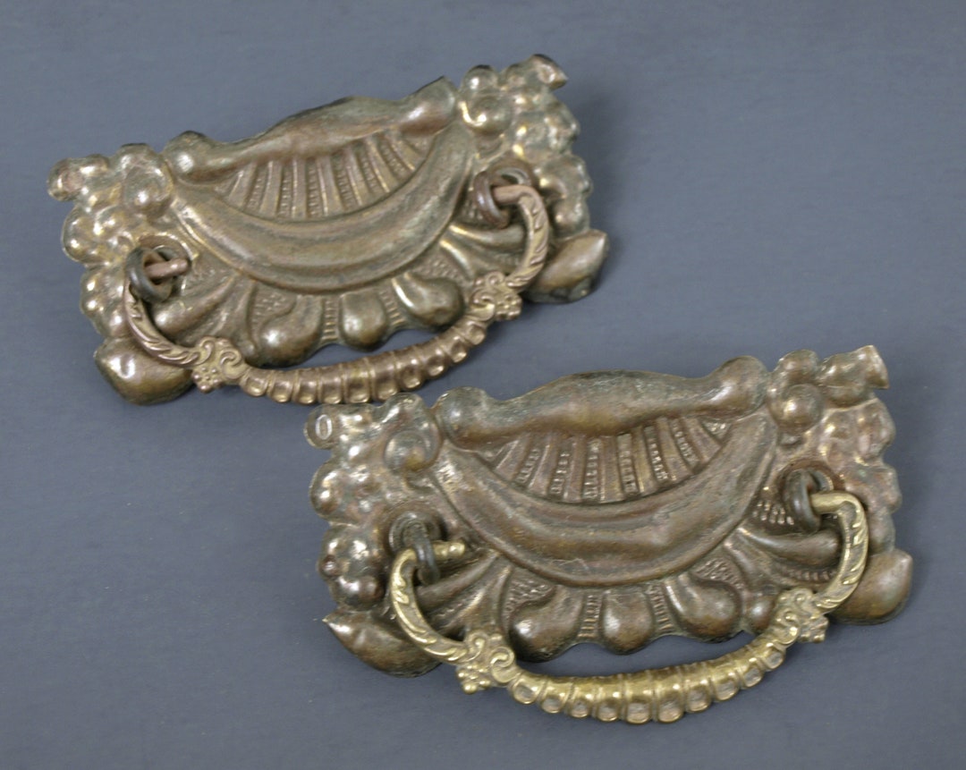 Antique Stamped Brass Drawer Pulls W/ Solid Brass Bails Circa 1800's
