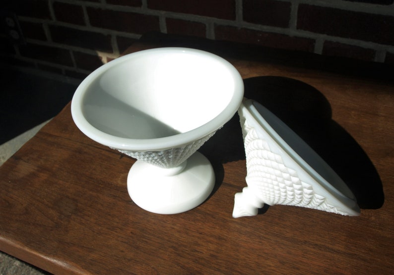 Vintage Westmoreland Diamond Cut Pattern Milk Glass Pedestal and Finial Lidded Candy Dish