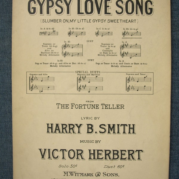 "Antikes Notenblatt für Klavier, ""Gypsy Love Song"" - Text/Musik von Smith & Herbert, C. 1898 - aus dem Musical, ""The Fortune Teller"" - NM!"