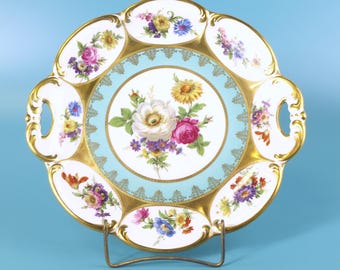 Piatto da portata rotondo con manici, modello Tirschenreuth 1838 E. L. W., 33 cm, con motivo floreale e bordo dorato, bavarese, Germania, circa anni '70.