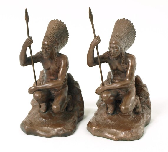 Antique Pair of Jennings Bros. Bronze Indian Chief Bookends
