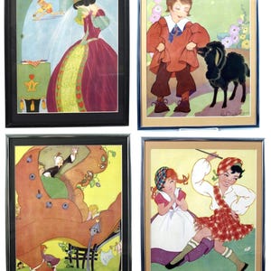 Farn Bisel Torf Leinen Drucke Mutter Gans Tales Kinderkunst - Herzkönigin, schwarzes Schaf, Frau in einem Schuh, Jocky The Piper's Son gerahmt