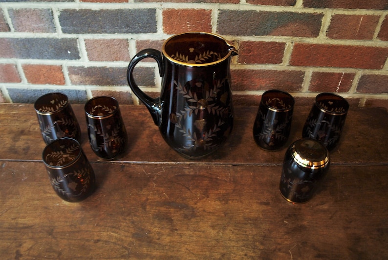 Vintage Bohemian Ruby Red to Clear Hand Etched Crystal Pitcher Set with Gold Trim and 6 Tumbler Cups image 6