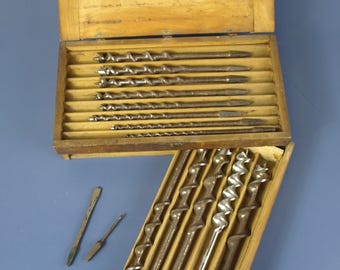Antique Irwin Bit Company Auger Bit D Set In Wooden Box w/ Slide Out Drawer circa 1920s Made in USA
