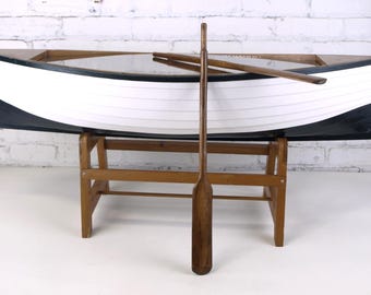 Large Hand Crafted Row Boat Dingy Coffee Table Decorative Nautical Beach Decor Display w Glass Top & Oars - 42.5" L x 18" H x 15" W