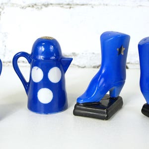 Vintage Blue and White Polka Dot Coffee Pot / Blue Heeled Boots Salt & Pepper Shakers Lot of 2 from Japan circa 1930's