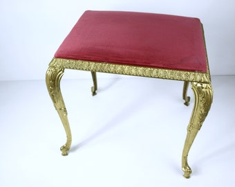 Mid Century Vintage Vanity Stool, Brass w/ Velvet Cushioned Seat - Made in Italy, circa 1950's - Good+ Condition