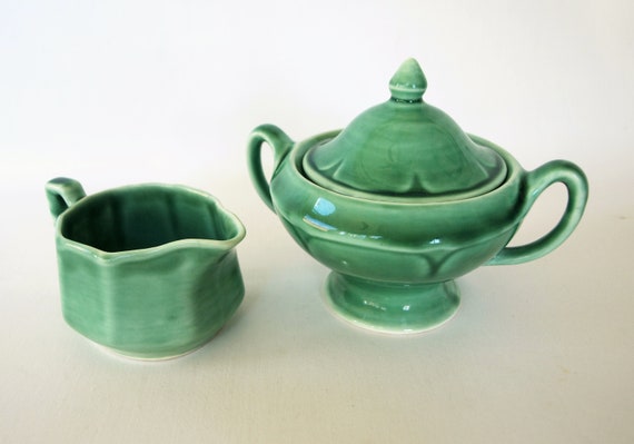 Vintage Porcelain Lidded Sugar Bowl and Creamer in Translucent Green Celadon Glaze