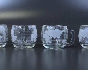 Vintage Nestlé Nescafé World Globe Coffee Mugs, Set of 4 Etched Glass World Map Mugs, 1970s Advertising, Clear Glass Globe Barware