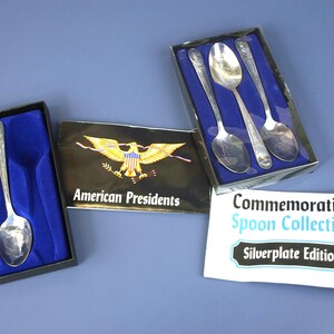 Vintage WM Rodgers Silverplate American Presidents Collector Spoon Set in Original Boxes - JFK /  Adams / Washington / Jefferson - NM Cond