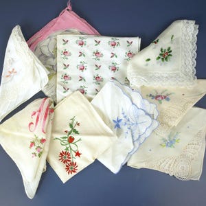 Vintage Lot of Mid Century Ladies Handkerchiefs - 9 Pieces - Various Styles Including Hand Embroidered and Corner Lace Styles