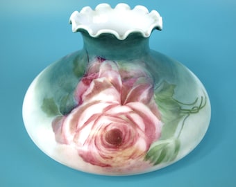 Vintage Gone With The Wind Hand Painted Dark Seafoam Green w/ Magenta Roses Milk Glass Signed Lampshade Ruffled Trim 9.75" Fitter Great Cond