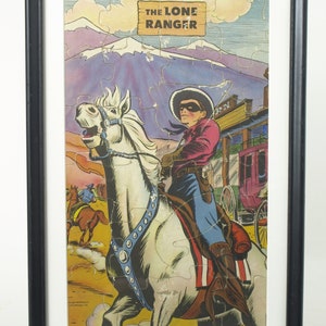 1947 The Lone Ranger Picture Puzzle Professionally Framed and Matted Mid Century Jigsaw Puzzle Pop Art - 16.5&quot; H x 11&quot; W
